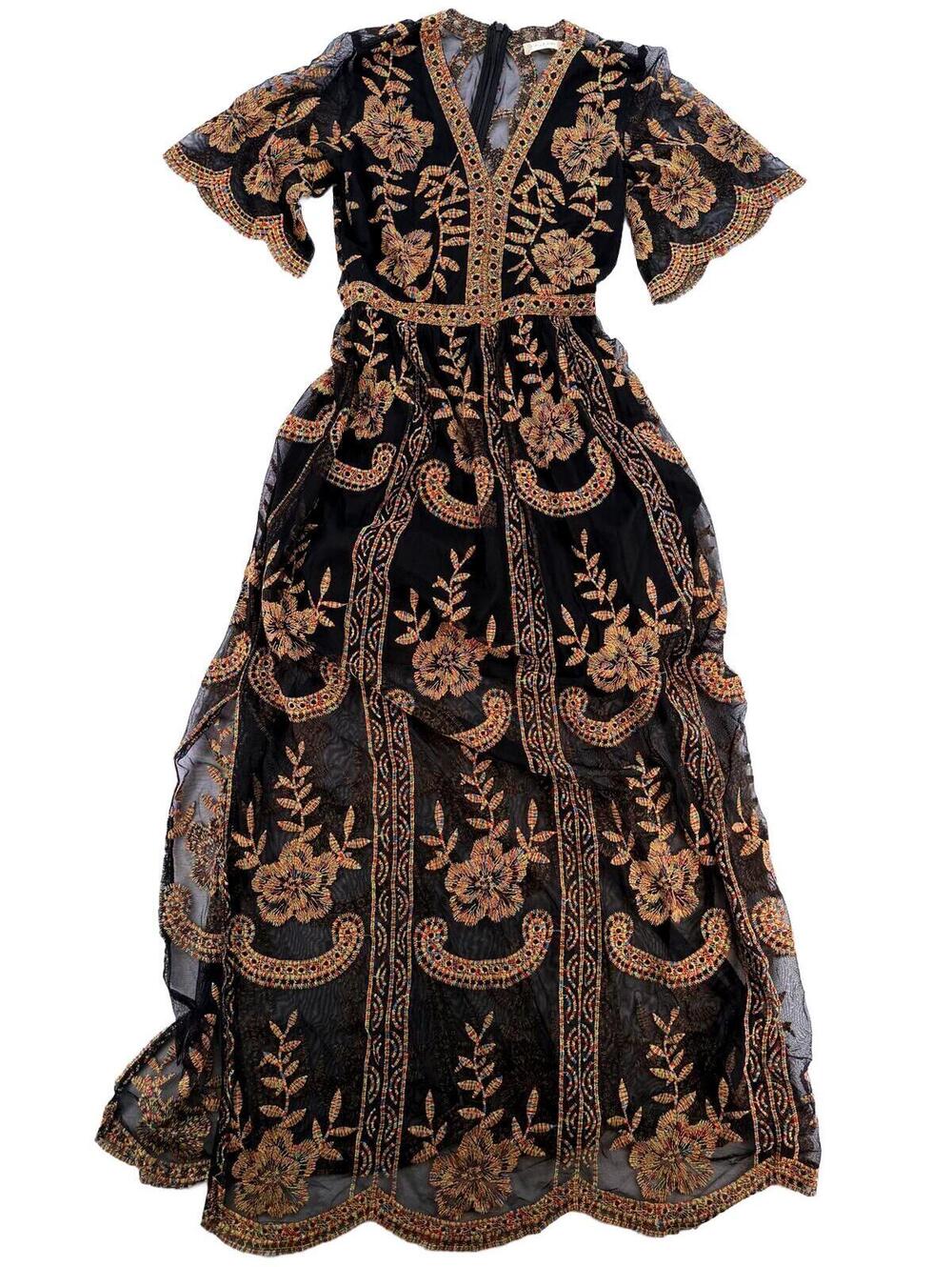 70s Attard State Dress Medium Black Gold Floral Embroidered Vintage‎